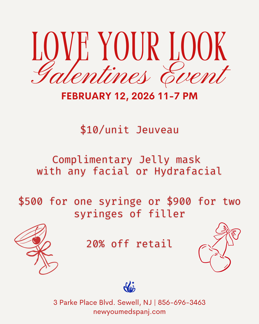 Make this Galentine’s one to remember. Join us on February 12 from 11am-7pm for our exclusive Galentines Event featuring one day only specials you don’t want to miss. Here’s what we’re offering: - $10/unit Jeuveau - $500 for one syringe of filler or $900 for two syringes - Complimentary jelly mask add on with any facial or HydraFacial - 20% off retail